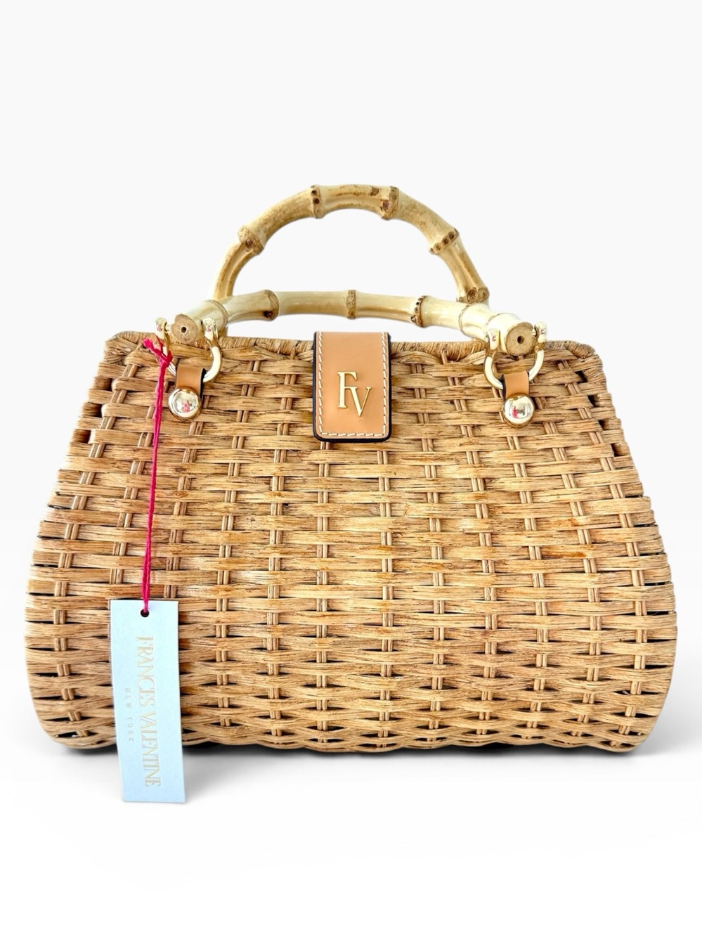 Frances Valentine Rooster Wicker Basket Bag Bamboo Handles NWT